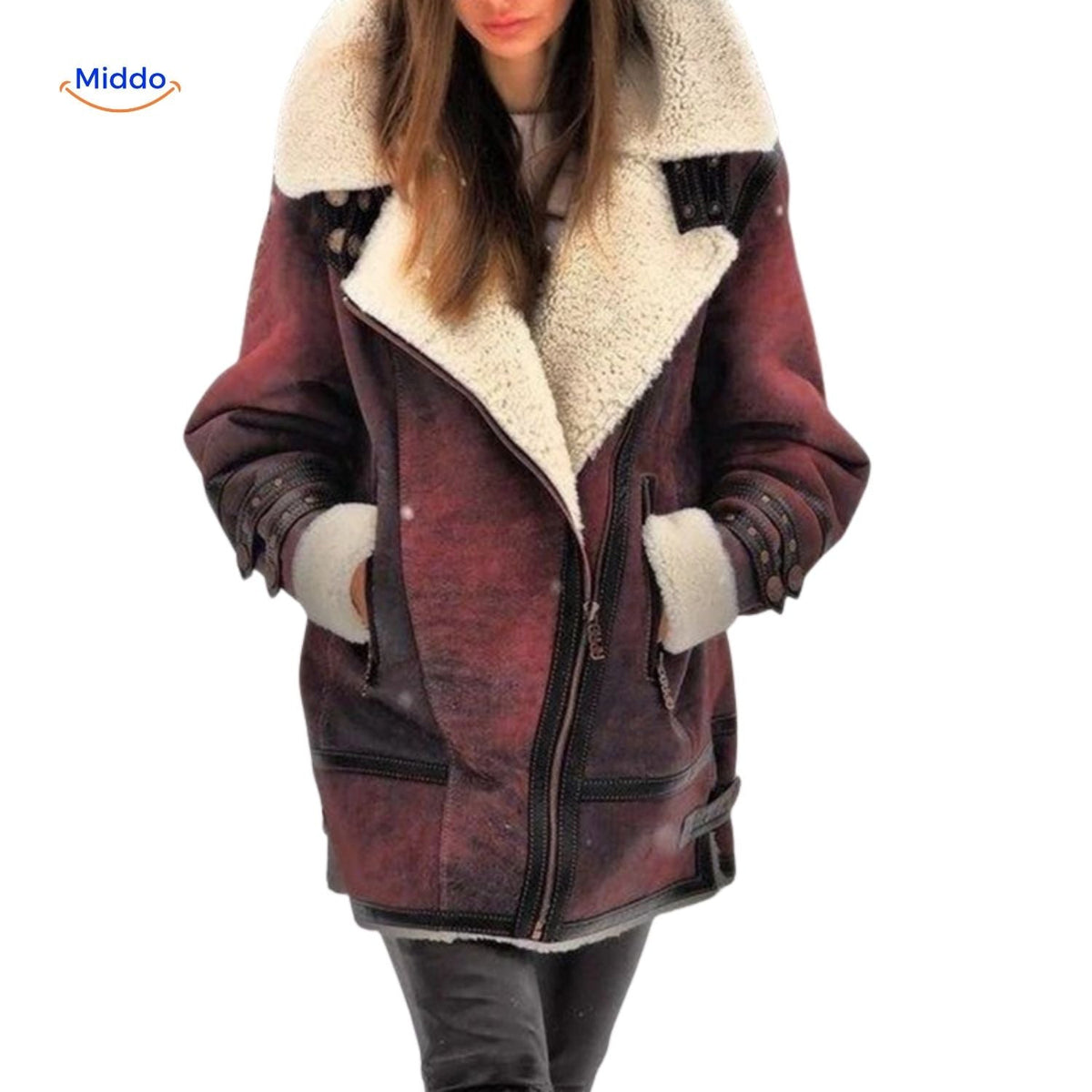 Furvia Damenmantel aus warmem Kunstfell – Lange Jacke in Rot | www.middo.de