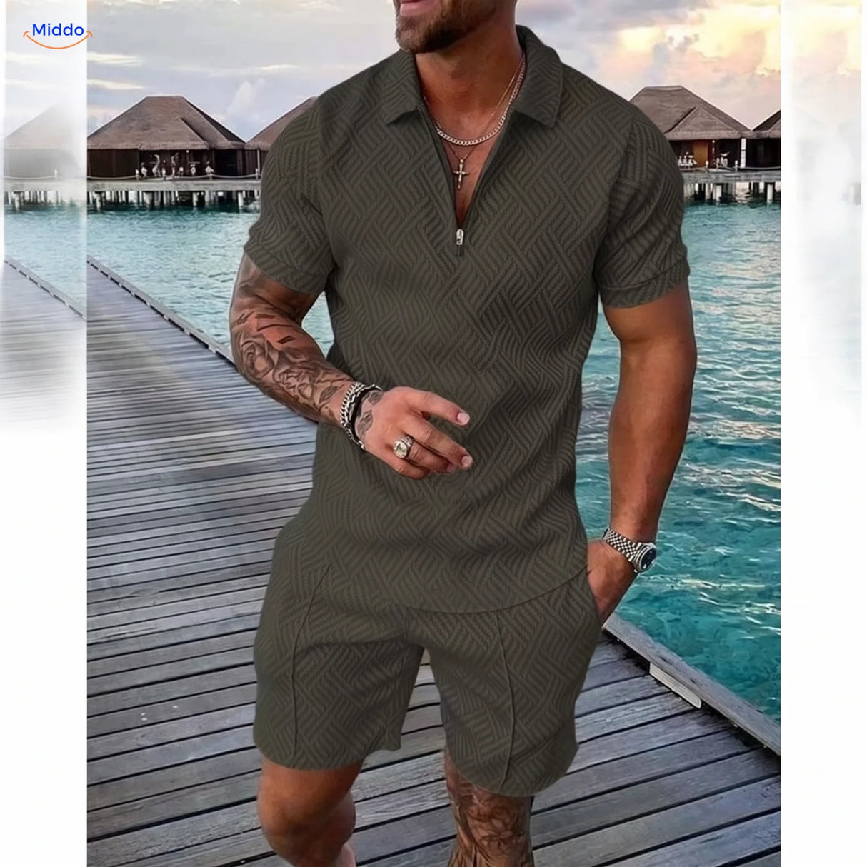 Leander Sommerset Herren Poloshirt und Shorts olivegrün