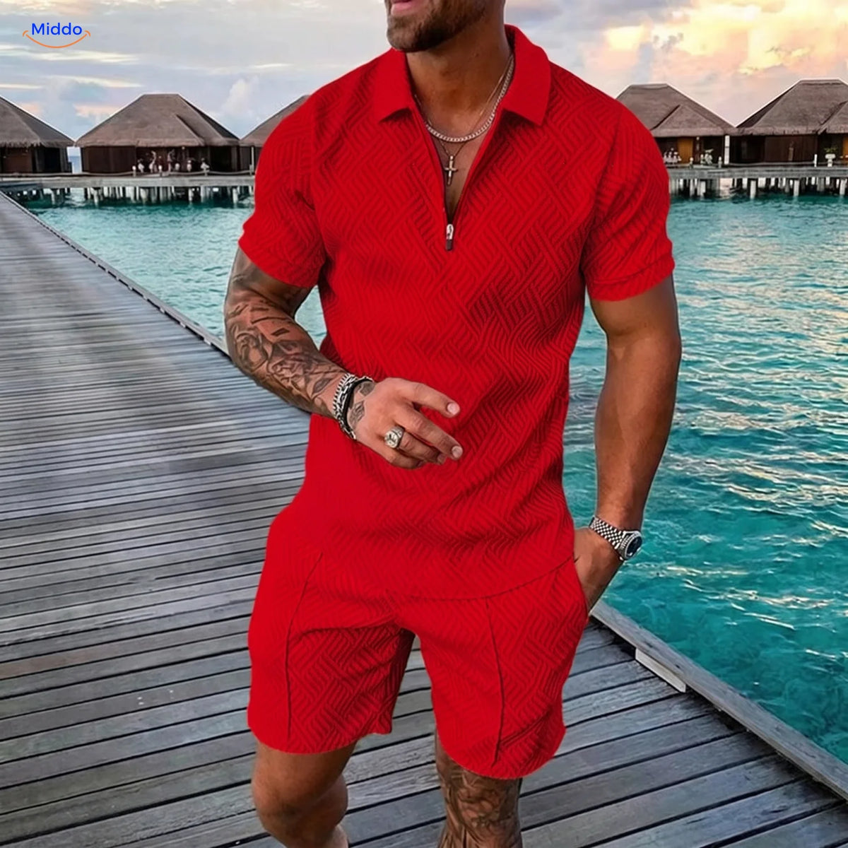 Leander Sommerset Herren Poloshirt und Shorts rot