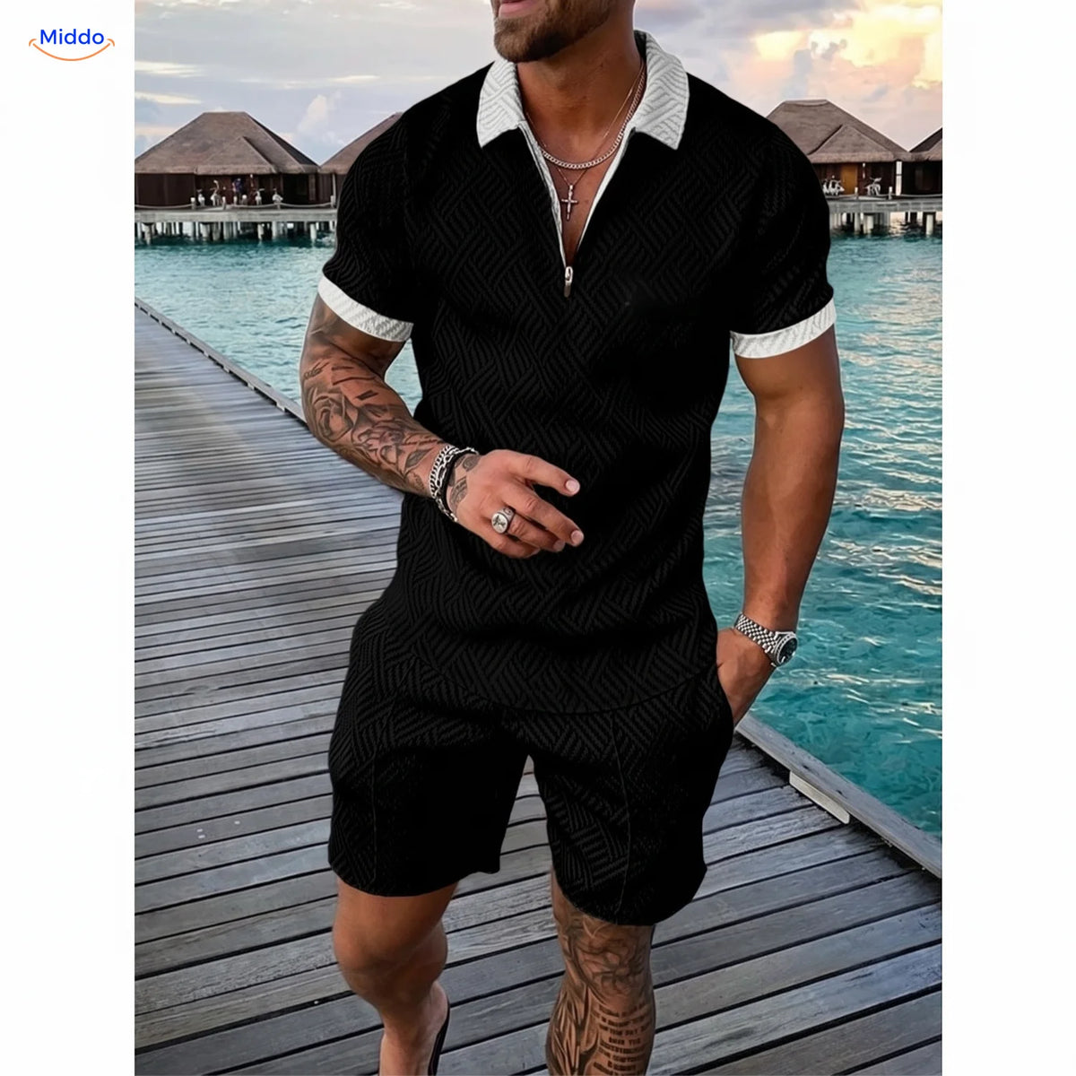 Leander Sommerset Herren Poloshirt und Shorts schwarz mit weißen rändern