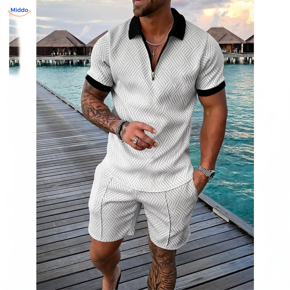 Leander Sommerset Herren Poloshirt und Shorts weiß mit schwarzen rändern