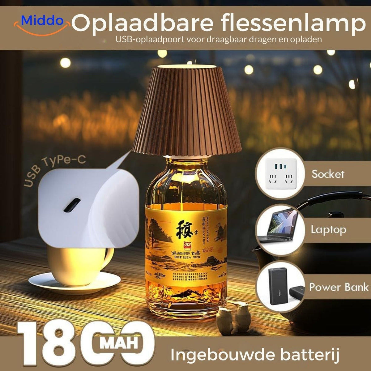 lumavino Lampe USB aufladbare Flaschenlampe mit Batterie