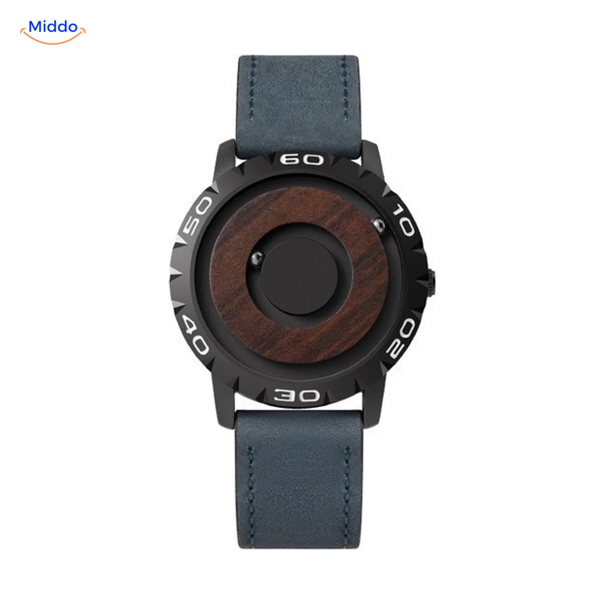 Magnetic Watch mit Holzzifferblatt und blauem Lederband