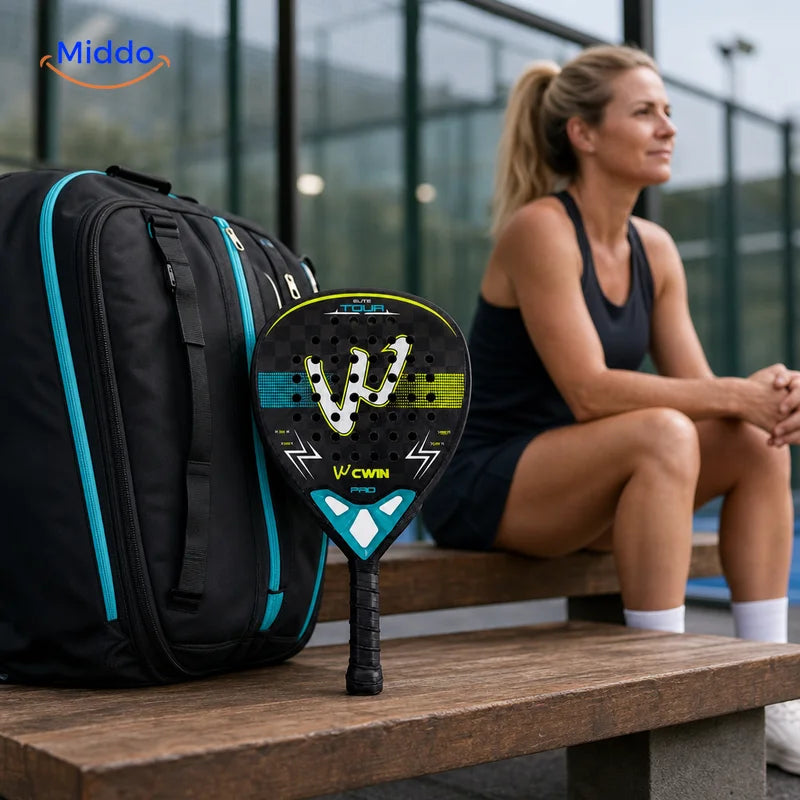 ApexTour Padelschläger: Schläger und Sporttasche neben einer Spielerin auf einer Bank.