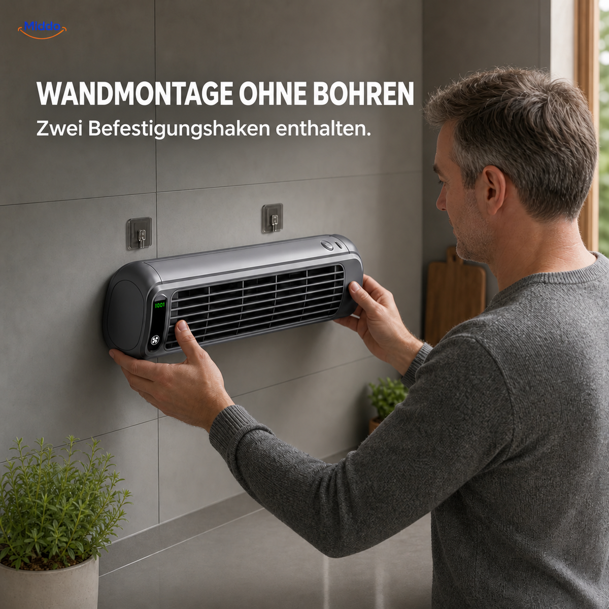 BreezeFlex aufladbarer Wandventilator: Mann beim Befestigen des Ventilators ohne Bohren.