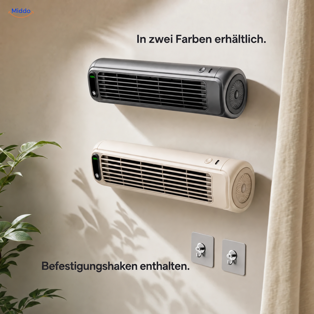 BreezeFlex aufladbarer Wandventilator: Vergleich des grauen und weißen Modells mit Wandhaken.