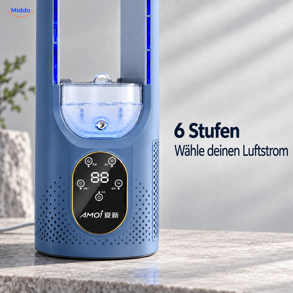 BreezeLite USB-Tischventilator: Detail von Bedientasten und Anzeige.