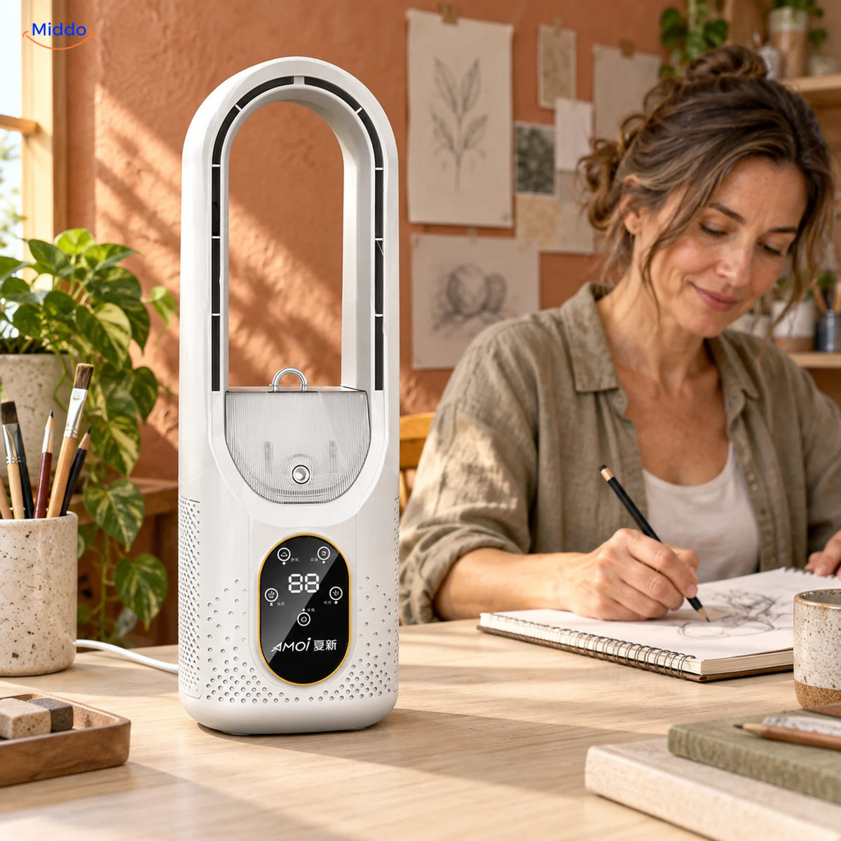 BreezeLite USB-Tischventilator: weißes Modell neben einer schreibenden Frau.