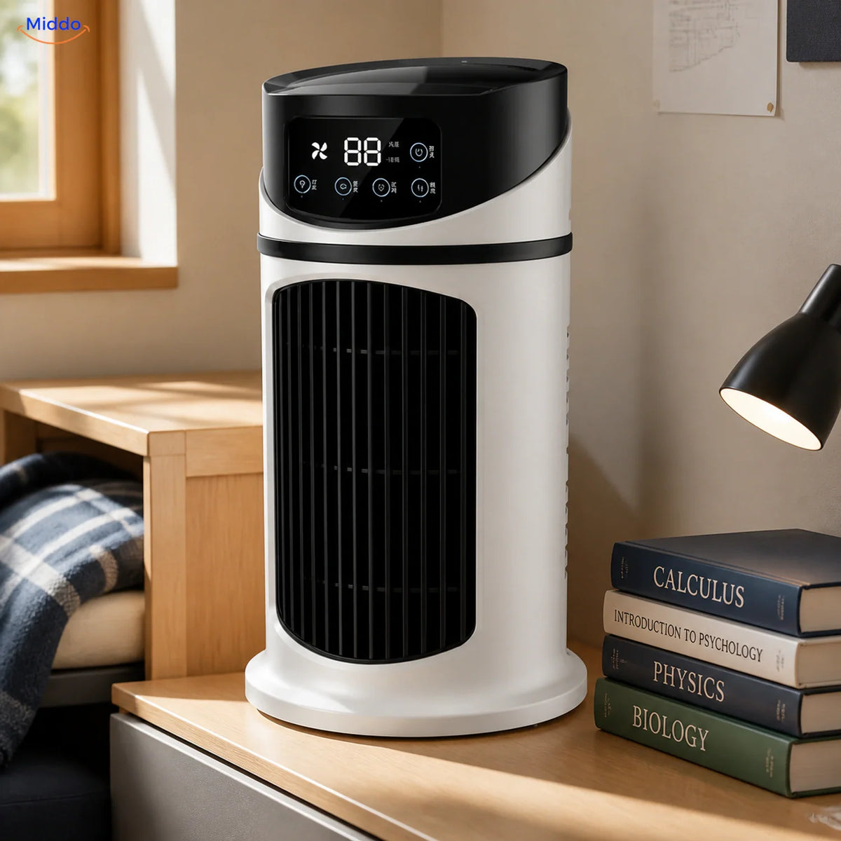 BreezeMist USB-Tischventilator mit Sprühnebel: Detail der Anzeige neben einem Bücherstapel.