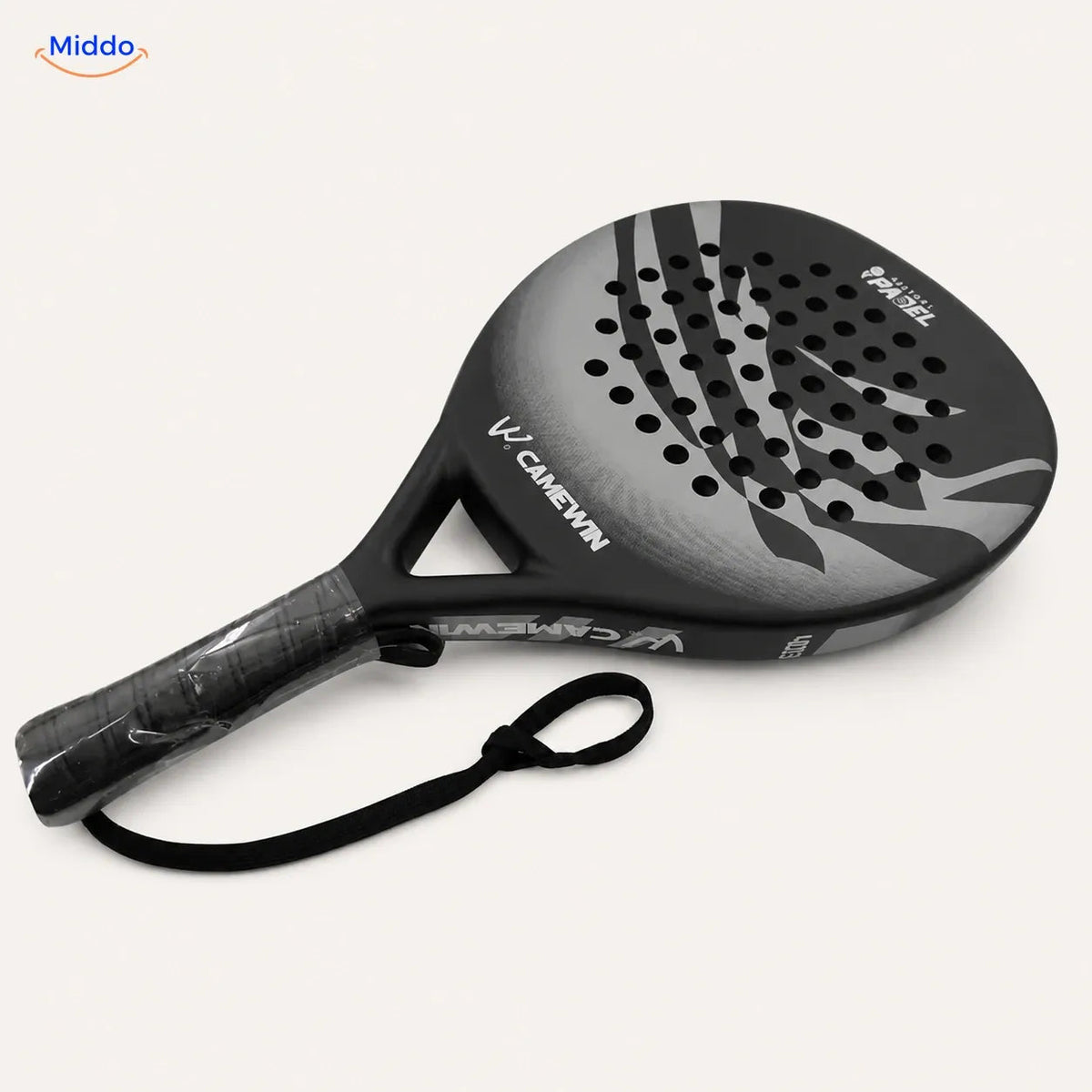 CourtMatch Padelschläger: graues rundes Modell mit Handschlaufe.