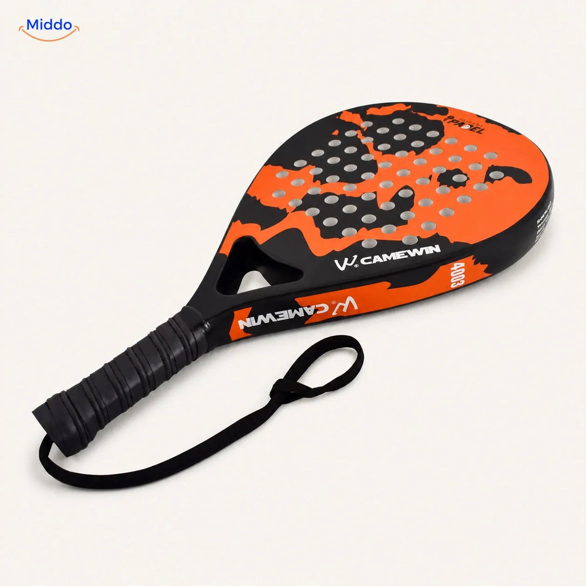 CourtMatch Padelschläger: orangefarbenes Modell in Tropfenform mit Handschlaufe.