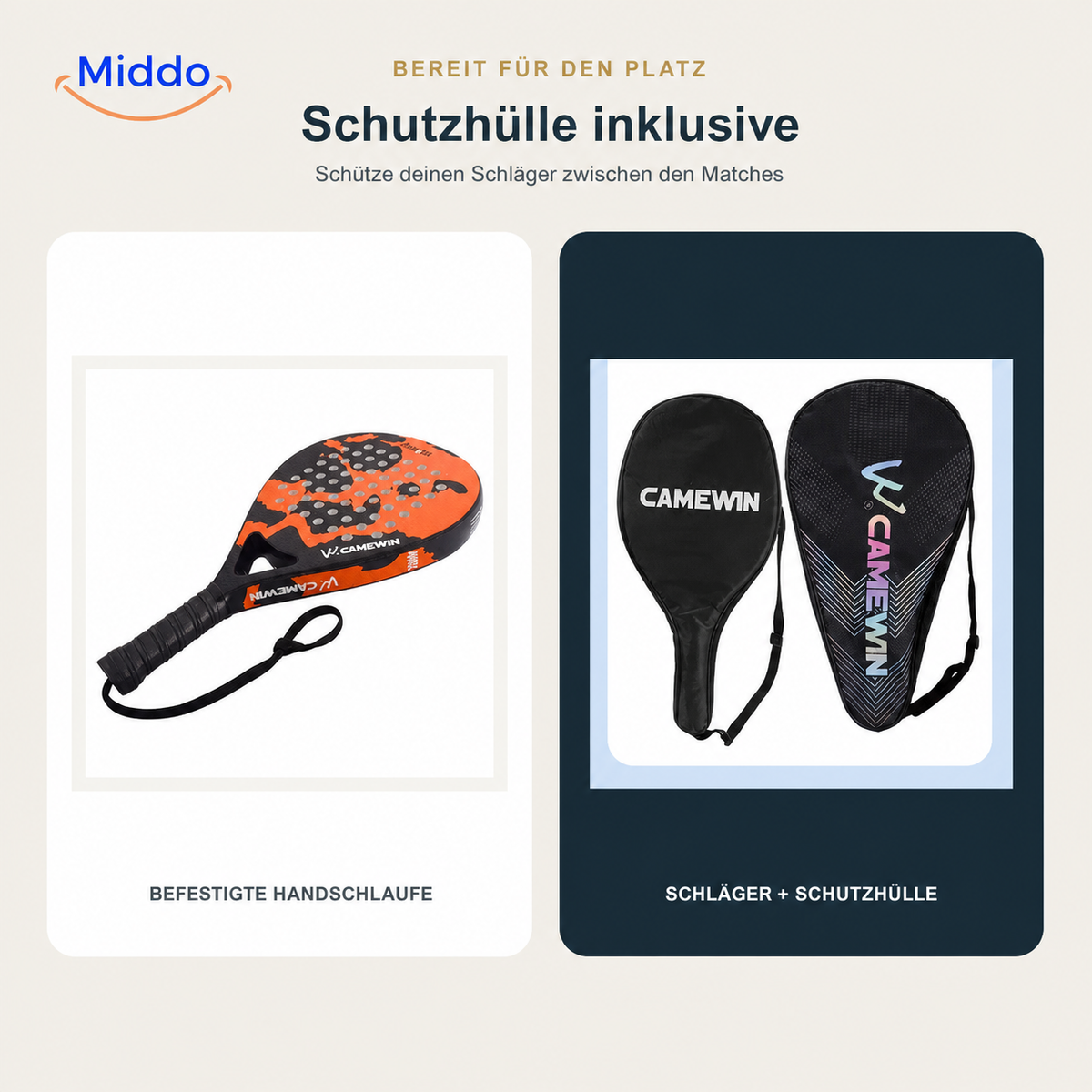CourtMatch Padelschläger: Schläger, Handschlaufe und Schutzhüllen.