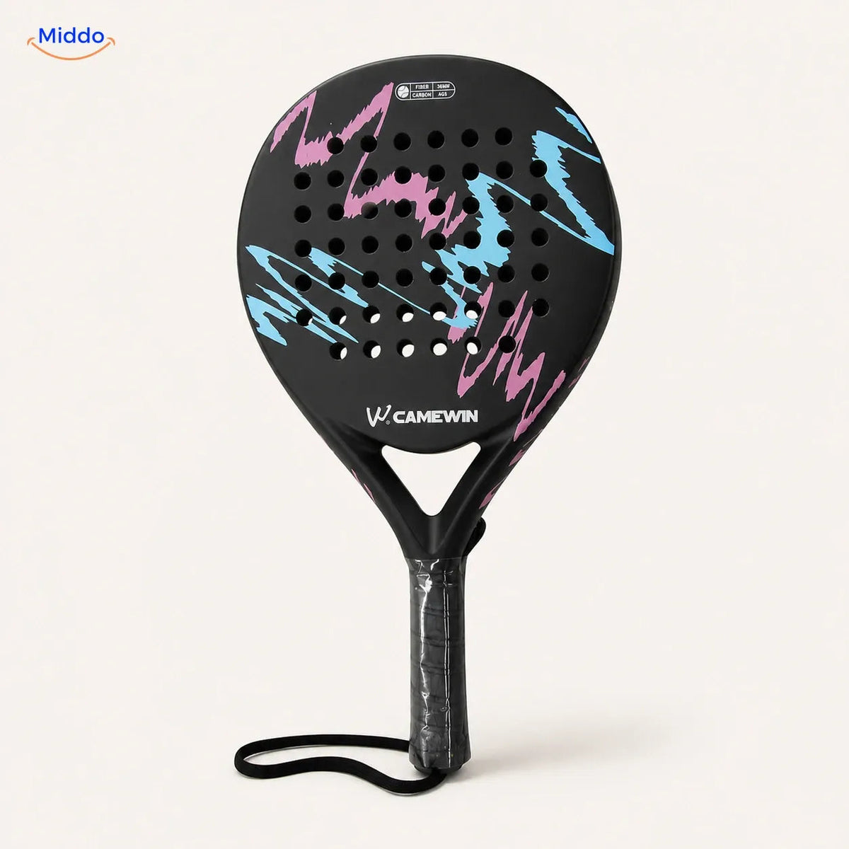CourtMatch Padelschläger: schwarzes Modell mit rosa und blauen Akzenten.