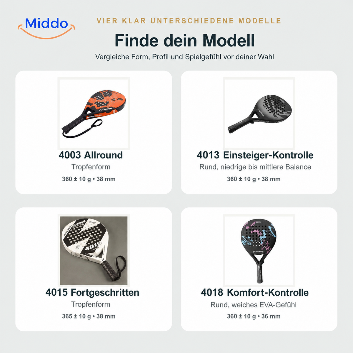 CourtMatch Padelschläger: Vergleich von vier Schlägermodellen.