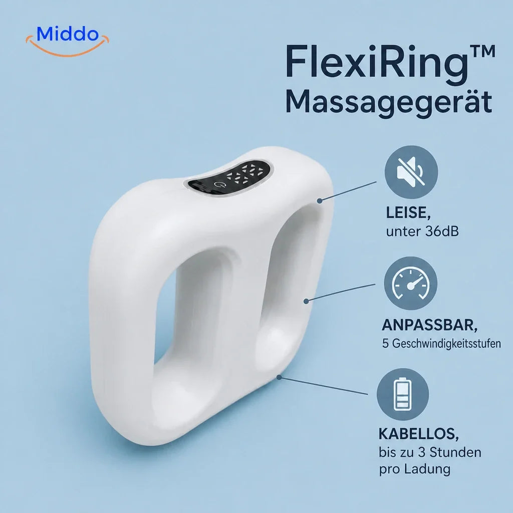 FlexiRing kabelloses Massagegerät: weißes Modell mit Übersicht von Bedienung und Funktionen.