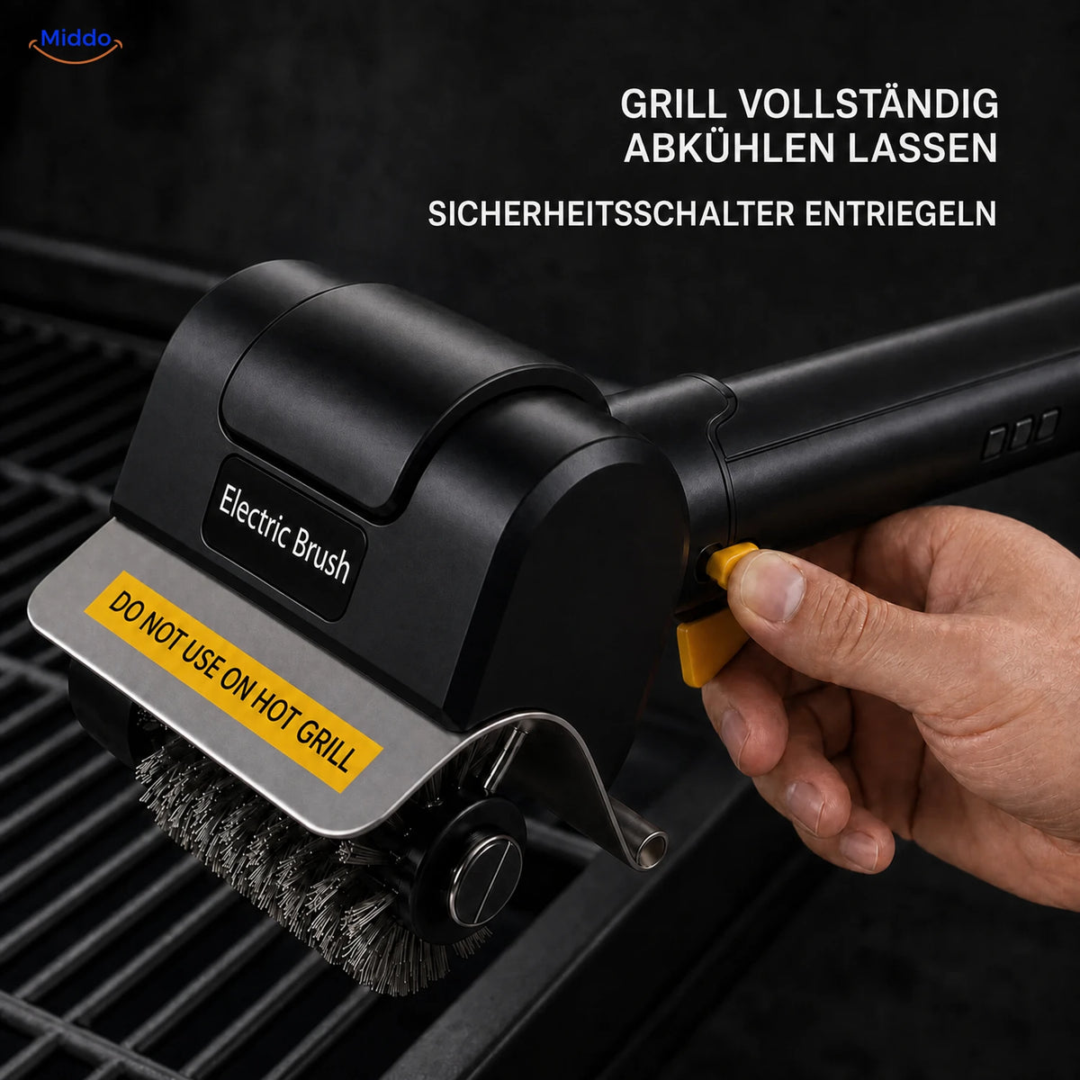 GrillMaster elektrische Grillbürste: Detail des gelben Sicherheitsschalters.