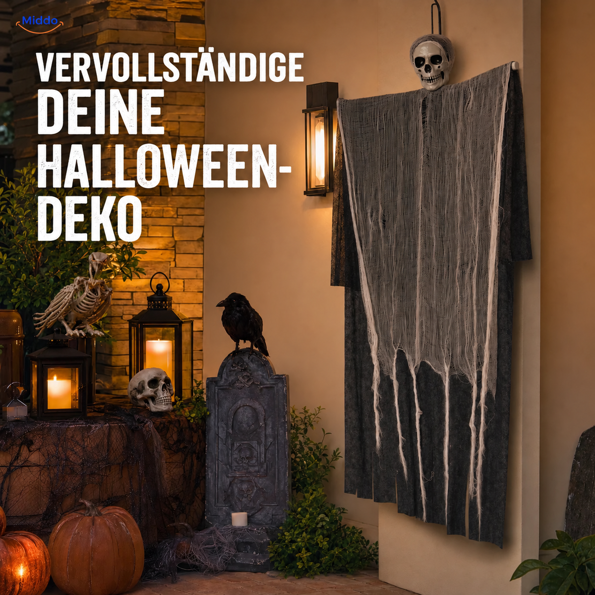 HauntCraft hängender Halloween-Geist: Geisterdekoration neben Laternen und Halloween-Zubehör.