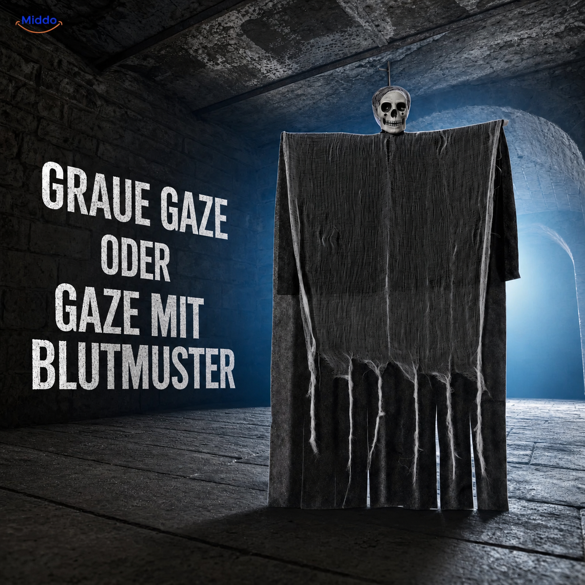 HauntCraft hängender Halloween-Geist: grauer Geist mit langen Gazestreifen in einem dunklen Raum.