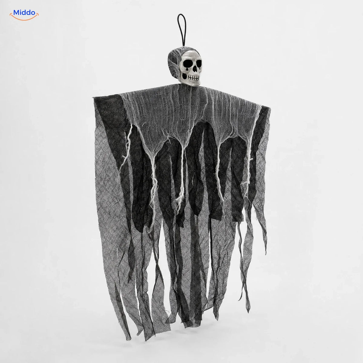 HauntCraft hängender Halloween-Geist: graues Modell mit langen losen Gazestreifen.