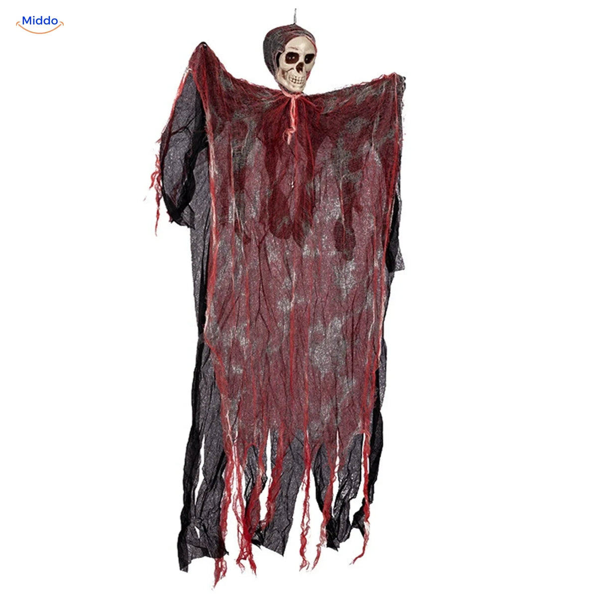 HauntCraft hängender Halloween-Geist: großes Modell mit rotem Blutmuster vor weißem Hintergrund.
