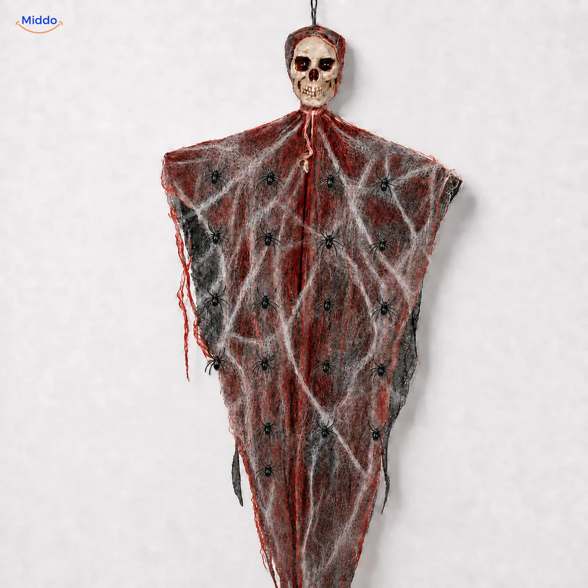 HauntCraft hängender Halloween-Geist: rotes Modell mit Schädel und Gazestreifen.