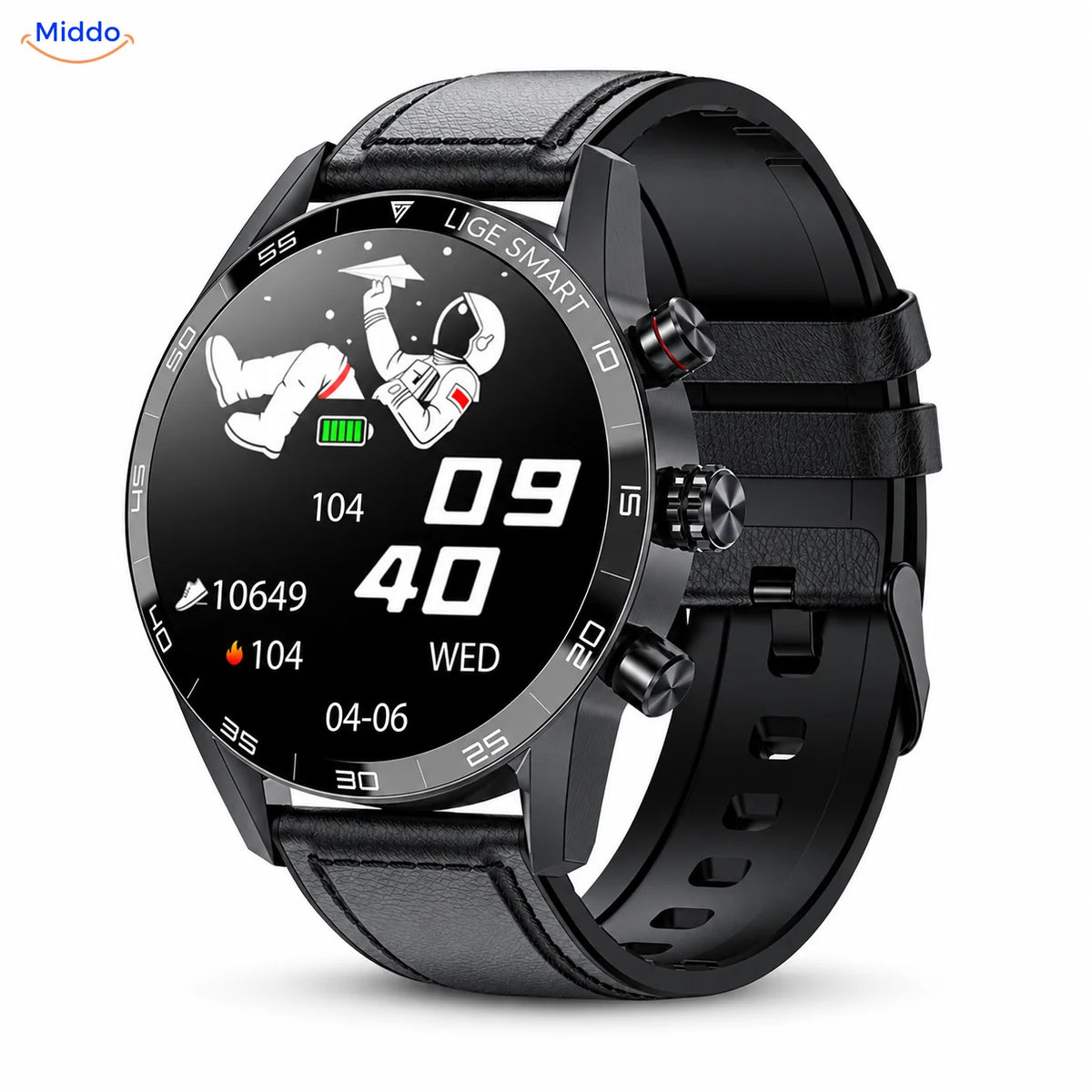 LIGE Smartwatch: schwarzes Modell mit Lederarmband.