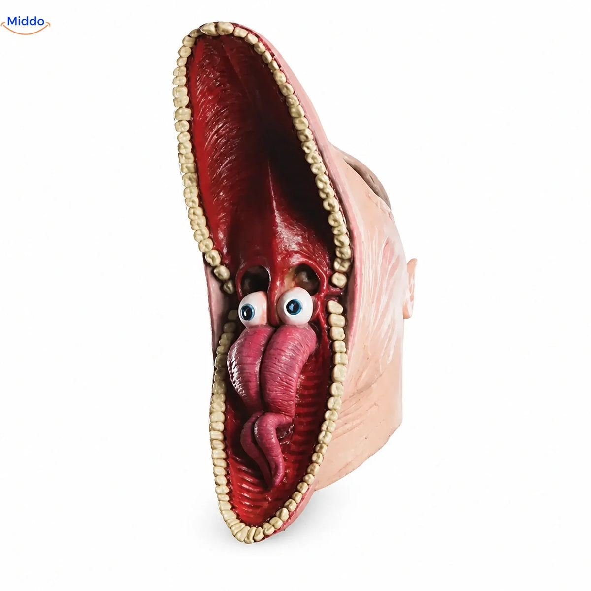 MaitlandMorph Halloween-Maske aus Latex: Barbara-Maske mit geöffnetem Mund vor weißem Hintergrund.