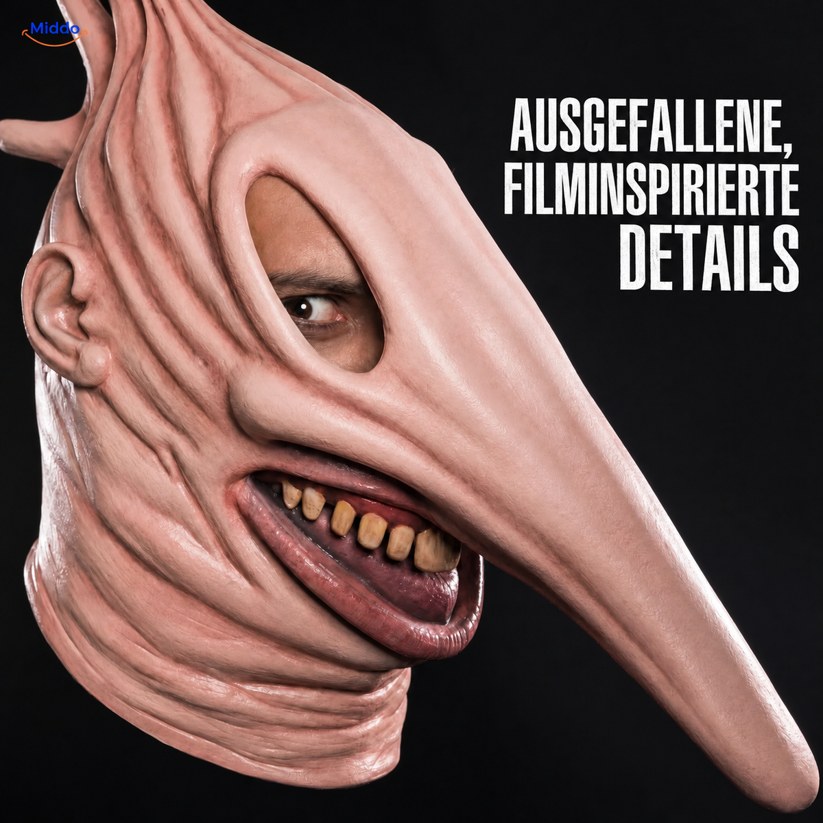 MaitlandMorph Halloween-Maske aus Latex: Nahaufnahme von langer Nase, Zähnen und Augenöffnung.