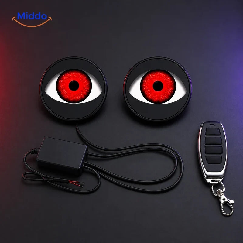 NightStare LED-Augendekoration für Scheinwerfer: flache Augenmodule mit einer Fernbedienung mit zwei Tasten.