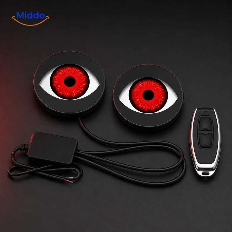 NightStare LED-Augendekoration für Scheinwerfer: flache Augenmodule mit Kabeln, Steuerbox und Fernbedienung.