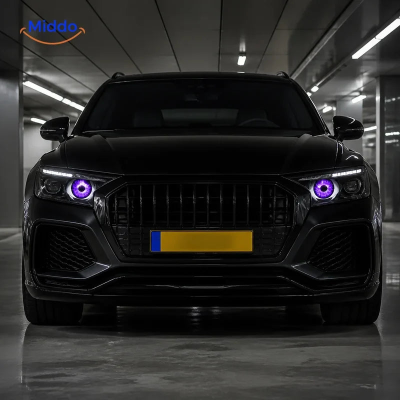 NightStare LED-Augendekoration für Scheinwerfer: Frontansicht eines Autos mit violetten Augen in einer Garage.