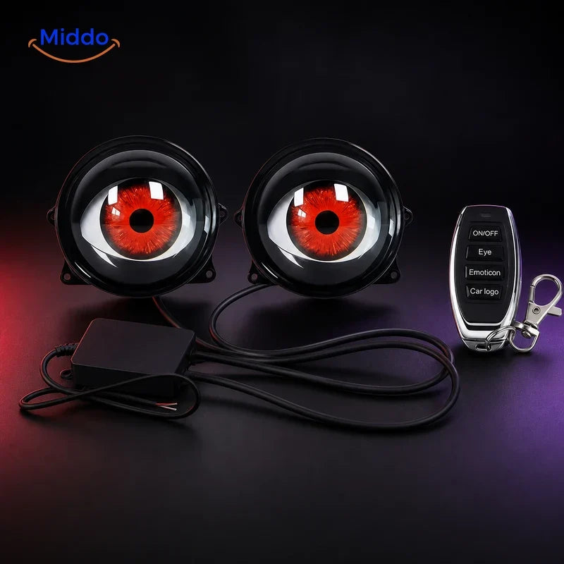 NightStare LED-Augendekoration für Scheinwerfer: gewölbte Augenmodule mit einer Fernbedienung mit mehreren Tasten.
