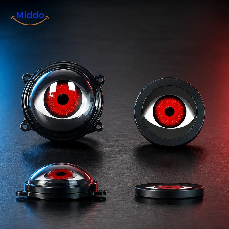 NightStare LED-Augendekoration für Scheinwerfer: Vergleich gewölbter und flacher roter Augenmodule.