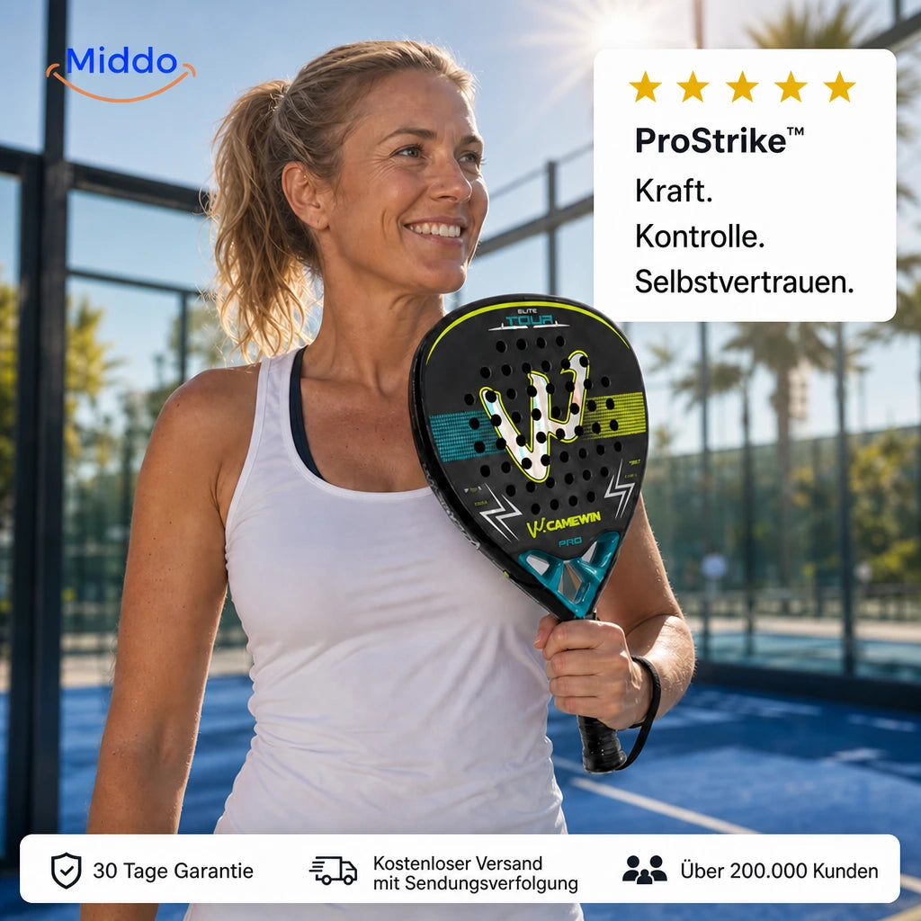 ProStrike Padelschläger: Spielerin mit schwarzem Schläger und türkisfarbenen Akzenten.