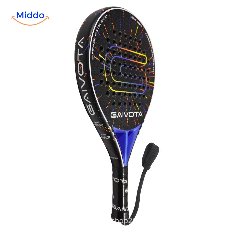 SpinDrive Padelschläger: schwarz-blaues Modell in Schrägansicht.