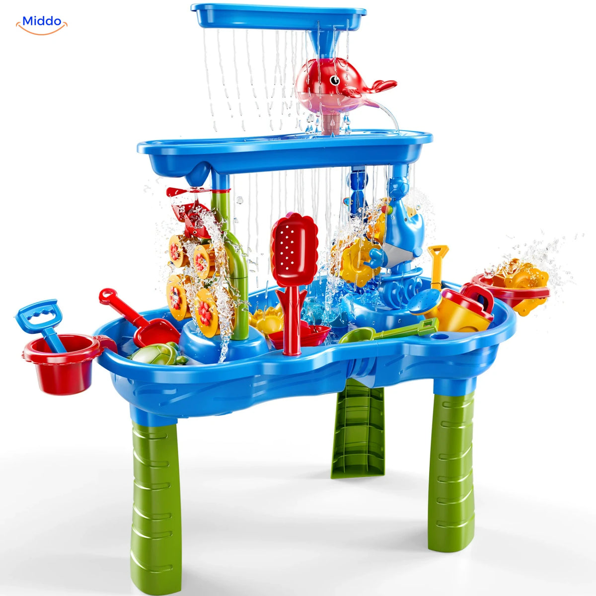 SplashPlay Wasser- und Sandspielzeug: blauer rechteckiger Tisch mit Wasserstrahlen.