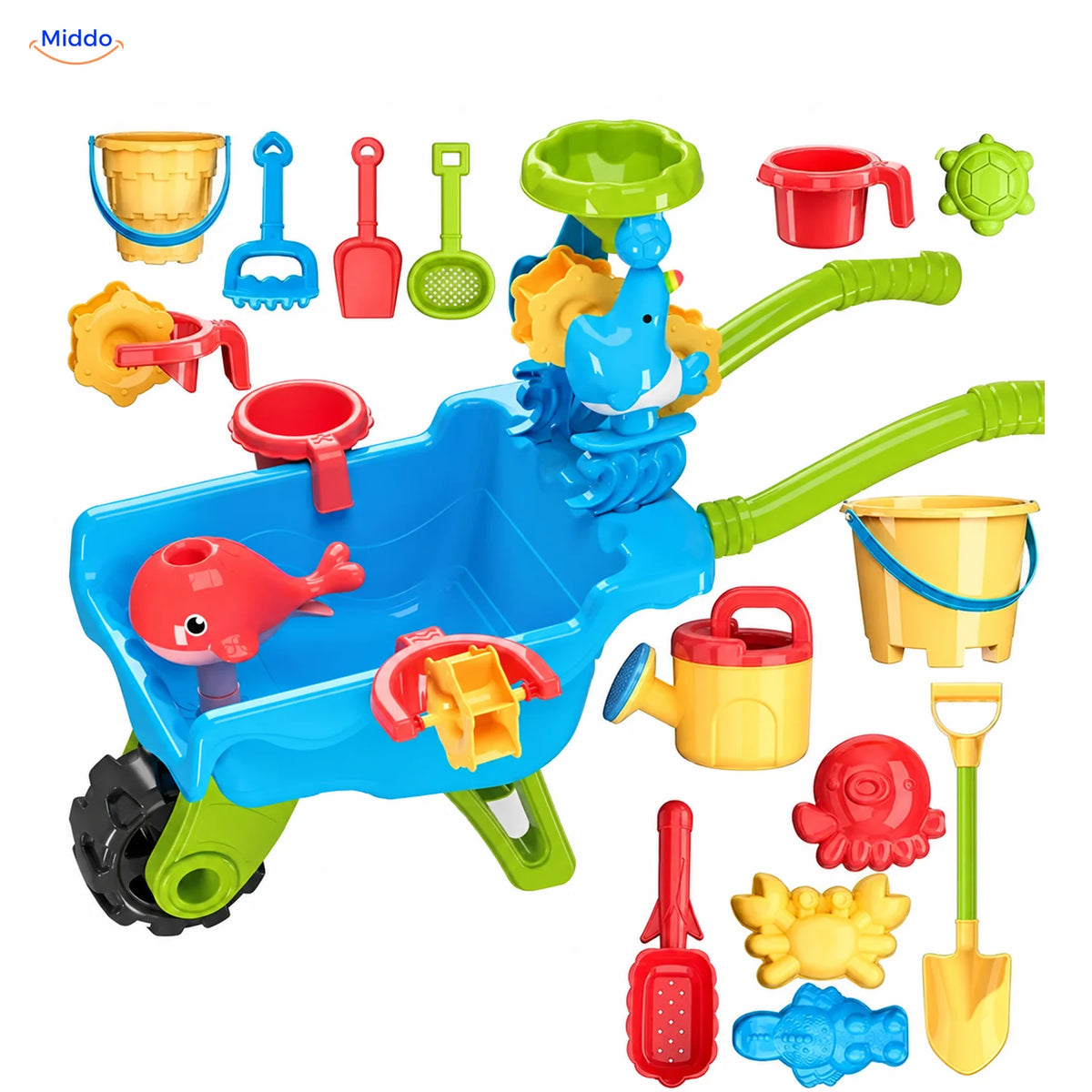 SplashPlay Wasser- und Sandspielzeug: blauer Spielwagen mit Schaufeln, Eimer und Sandformen.