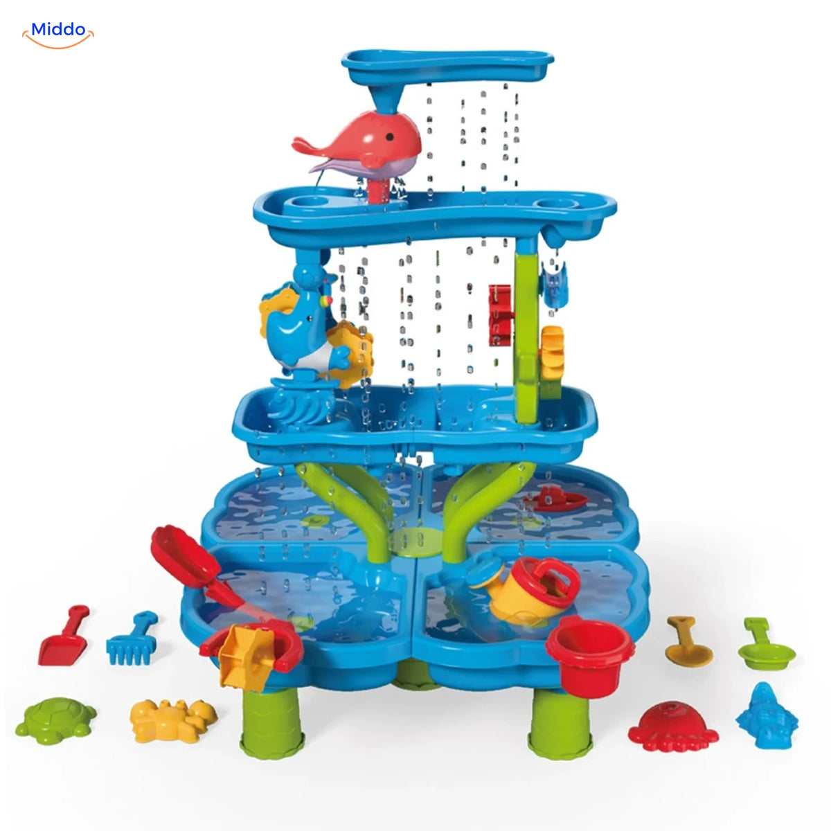 SplashPlay Wasser- und Sandspielzeug: blauer Tisch mit Wasserdusche, Schaufeln und Sandformen.