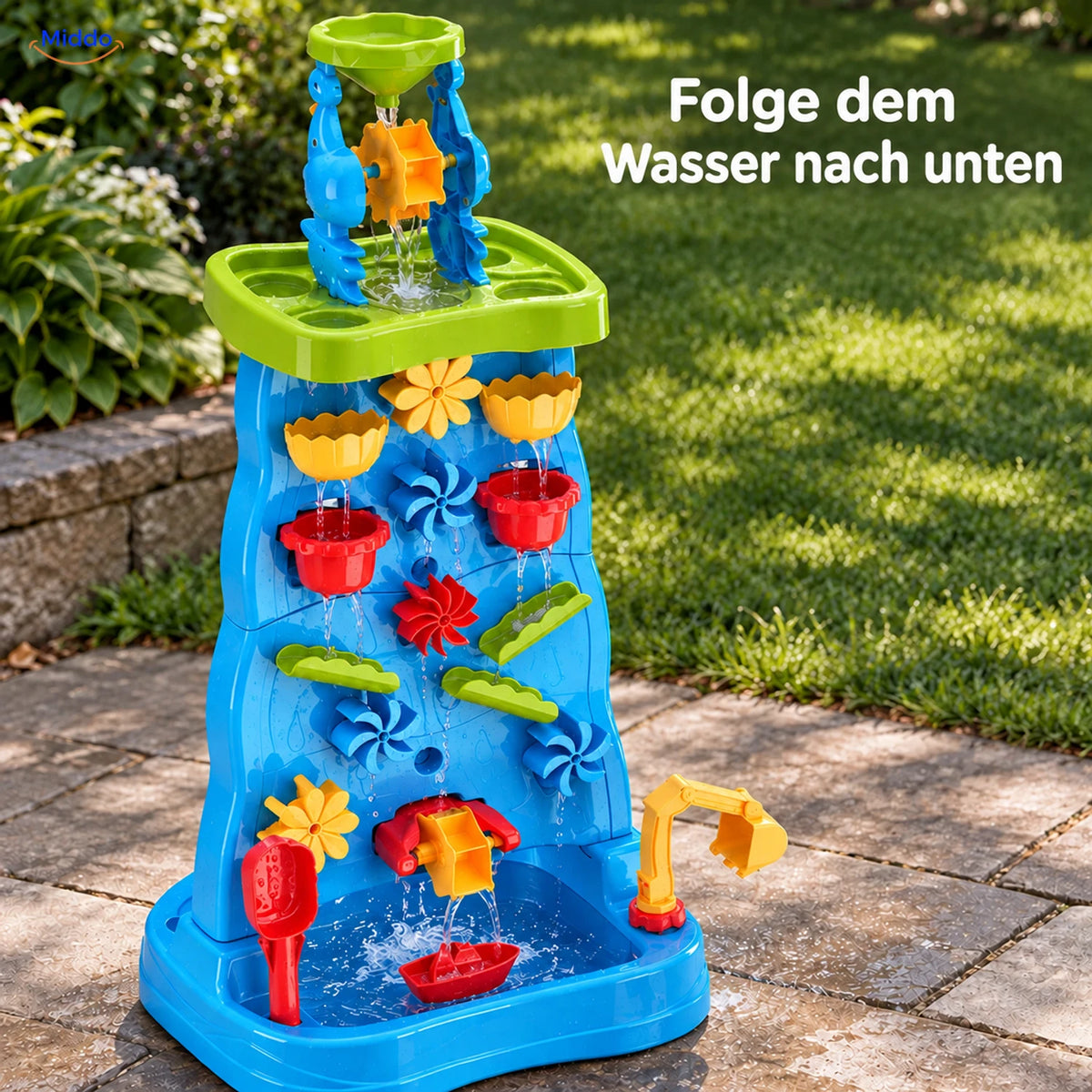 SplashPlay Wasser- und Sandspielzeug: blauer Wasserturm mit bunten Wasserrädern.