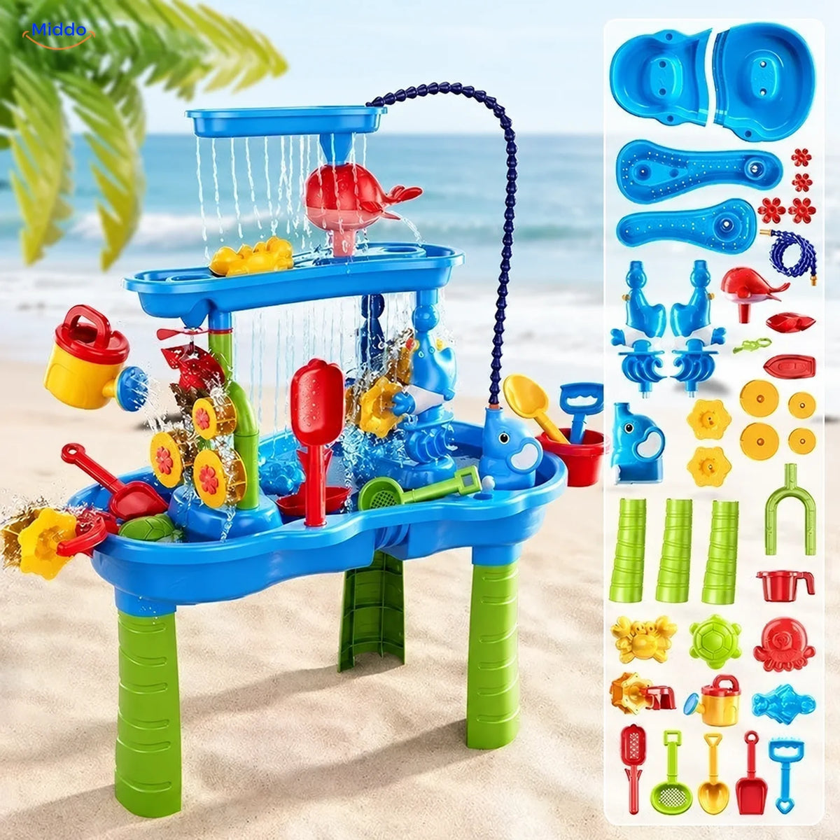 SplashPlay Wasser- und Sandspielzeug: rechteckiger Tisch mit Wasserschlauch und Einzelteilen.