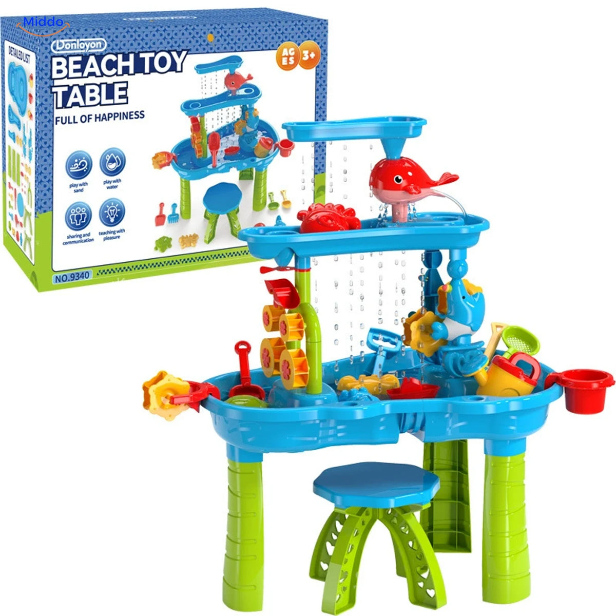 SplashPlay Wasser- und Sandspielzeug: rechteckiger Wassertisch mit Hocker und Verpackung.