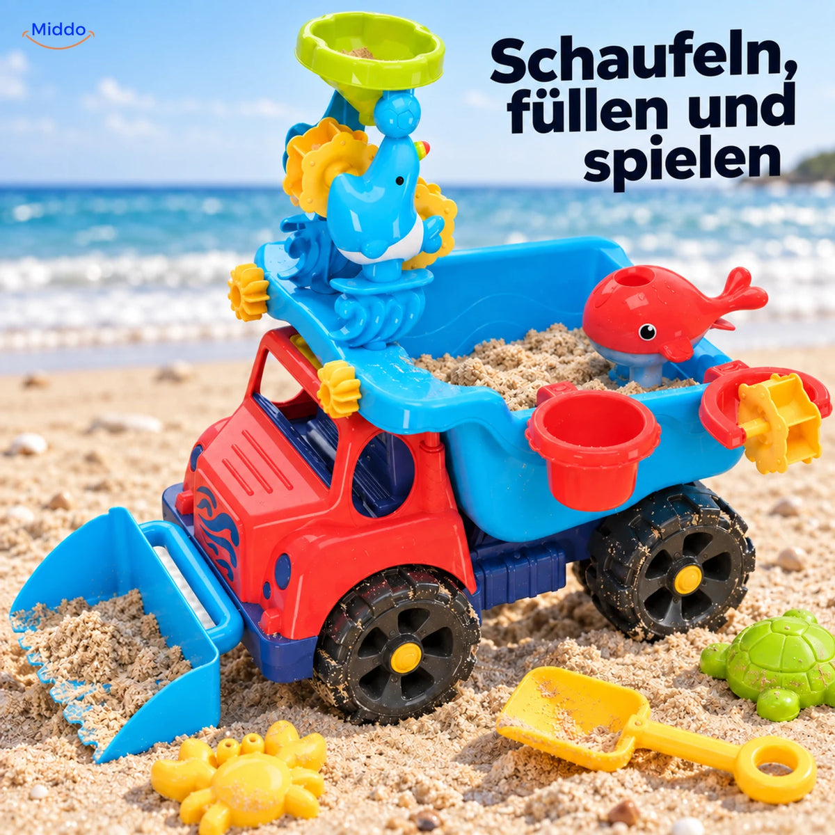SplashPlay Wasser- und Sandspielzeug: roter Kipplaster mit Sandzubehör am Strand.