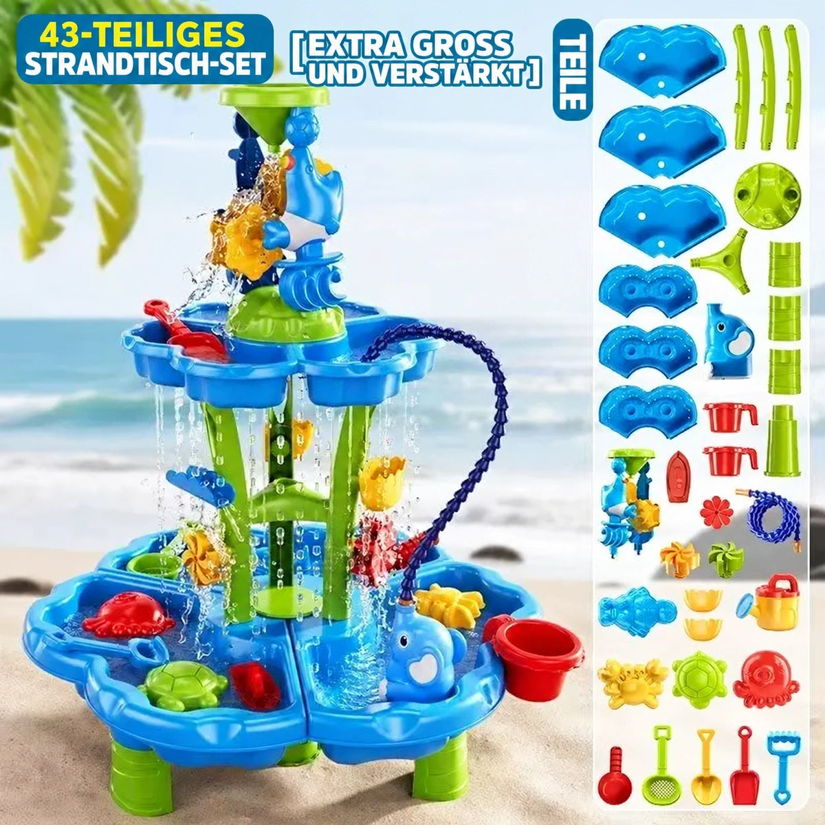 SplashPlay Wasser- und Sandspielzeug: runder Spieltisch mit Schlauch und Zubehörübersicht.