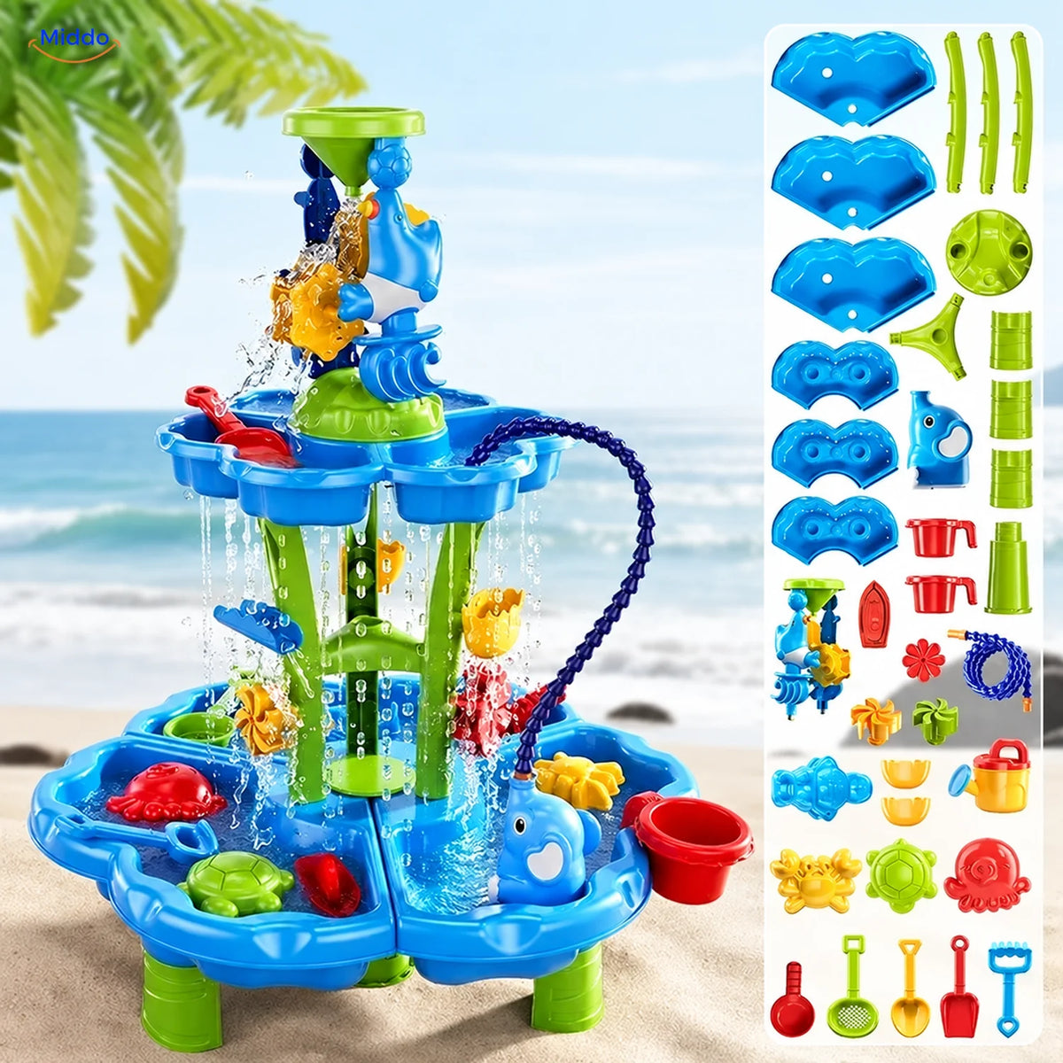 SplashPlay Wasser- und Sandspielzeug: runder Tisch mit Wasserschlauch und Einzelteilen.