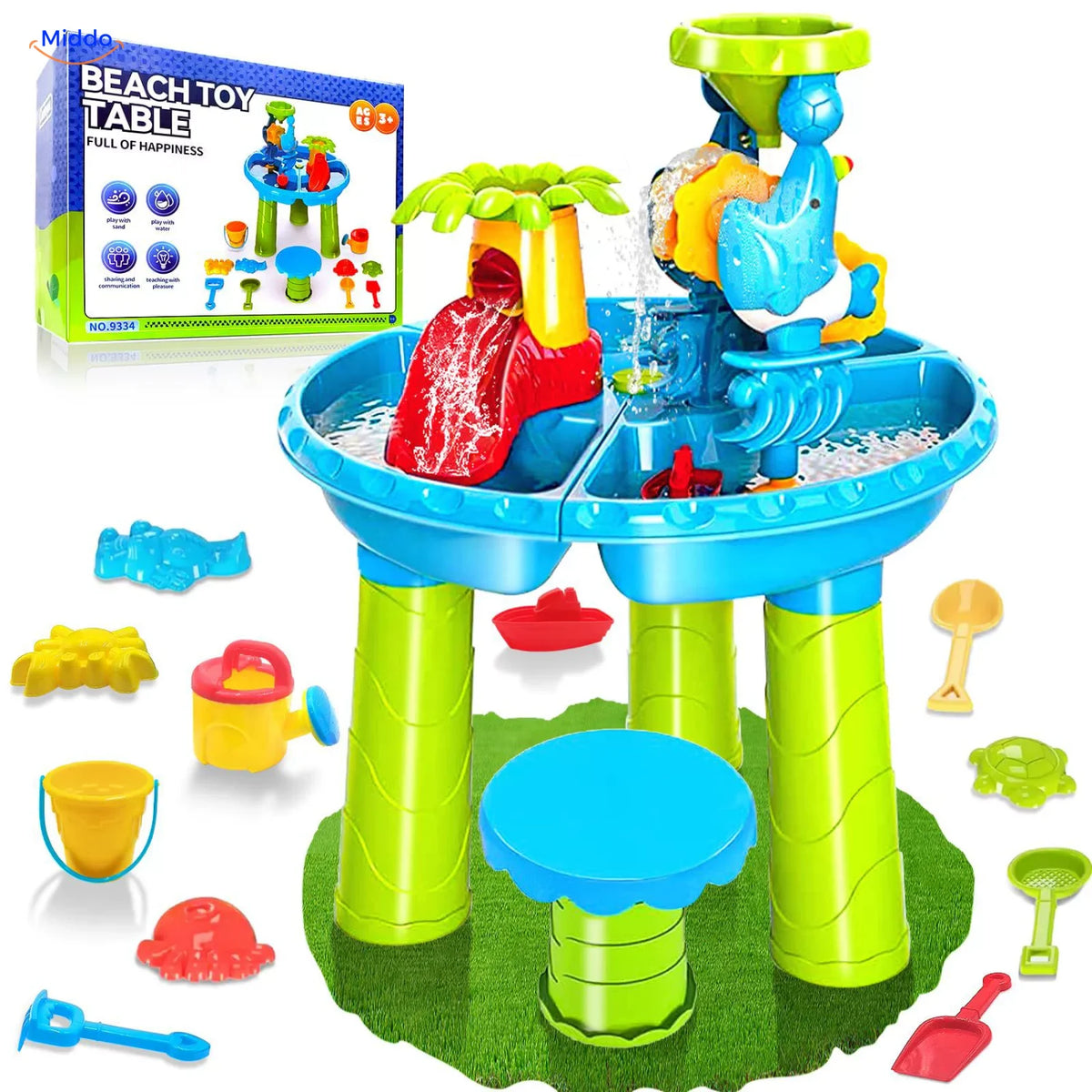 SplashPlay Wasser- und Sandspielzeug: rundes Spielset mit Hocker, Zubehör und Verpackung.