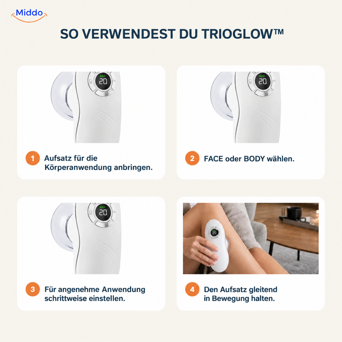 TrioGlow Massagegerät mit Saugfunktion: Anleitung mit Bedienung und Körperaufsatz.