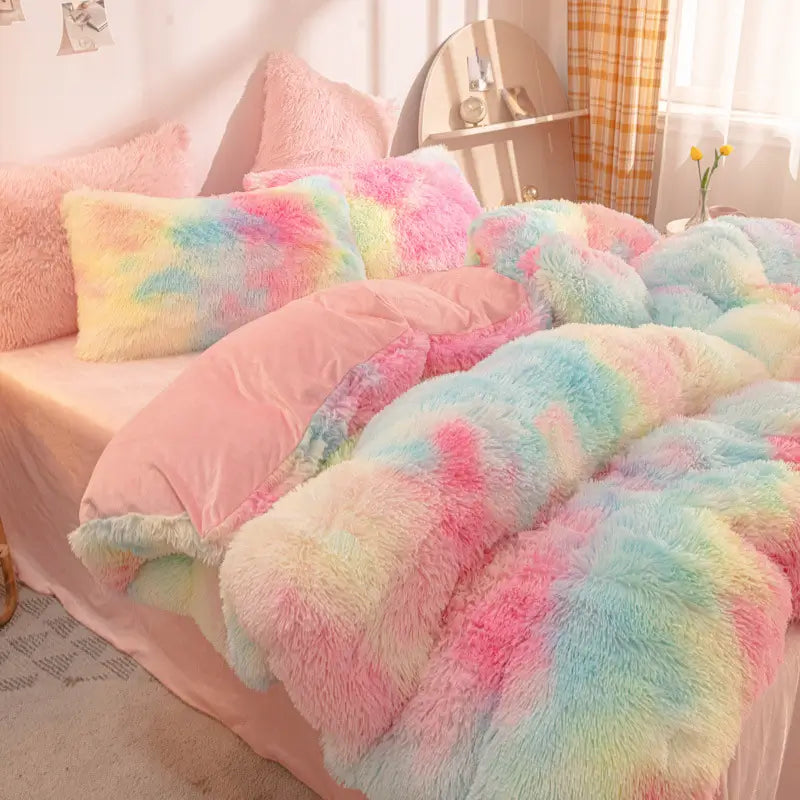 Teddy Fluffy Fleece-Bettwäsche in Pastell-Regenbogen