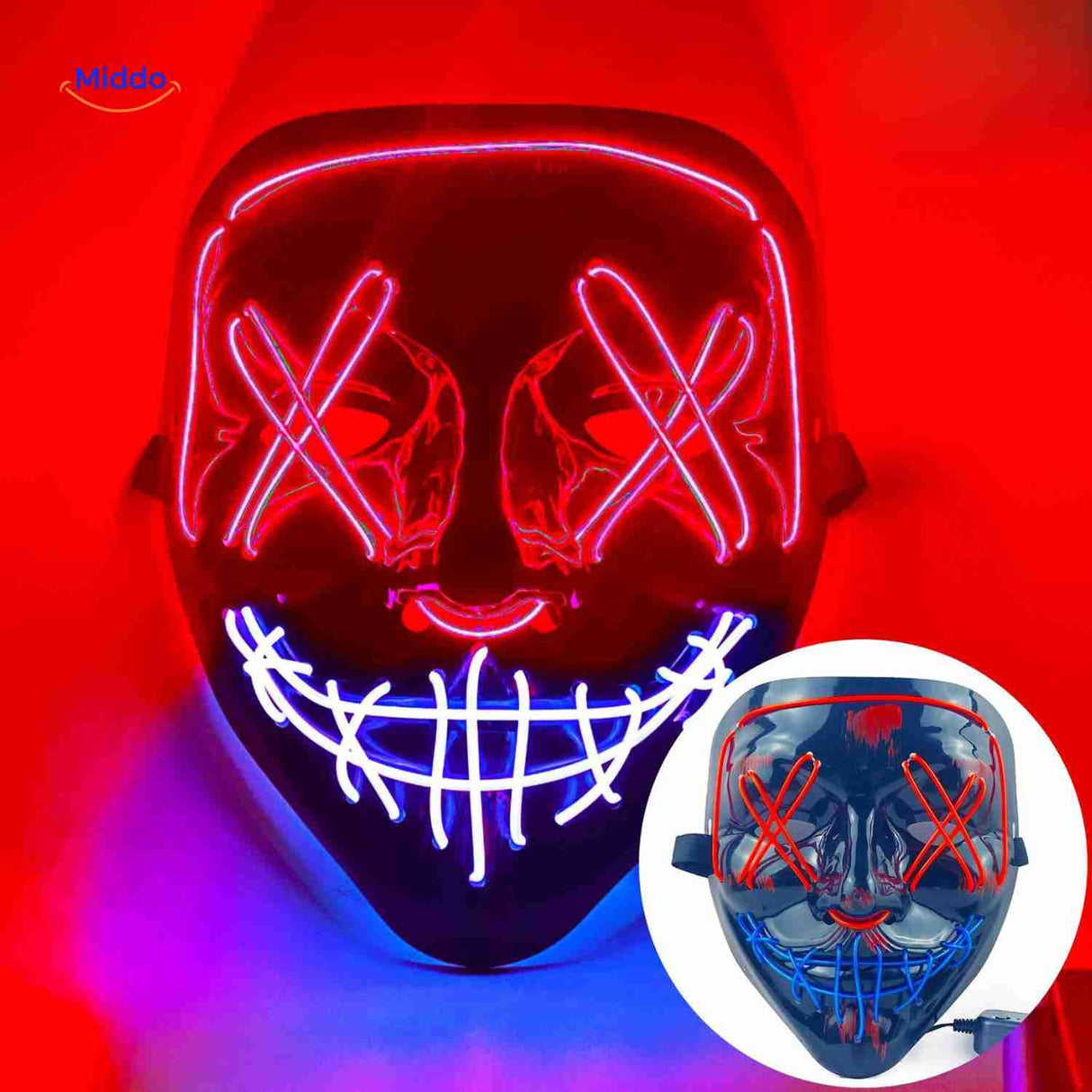 **Phantom Glow Maske – LED in Rot und Lila für Halloween** Entdecke unser beeindruckendes Phantom Glow Maske! Mit leuchtenden roten und lila LEDs ist diese Halloween-Feiermaske der perfekte Hingucker für jede Kostümparty. Verleihe deinem Look das gewisse Etwas und ziehe alle Blicke auf dich! Sichere dir dein einzigartiges Masken jetzt auf www.middo.de!
