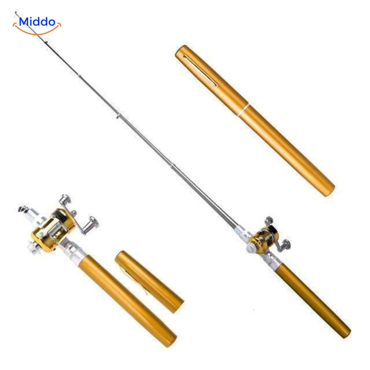Goldenes PocketPro Angelset mit Rolle, ideal für kompakte Fischerei