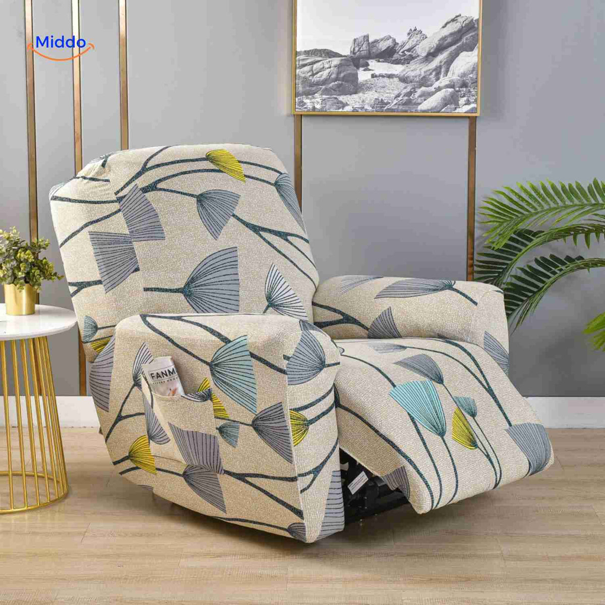reclinex bankbezüge hellbeige mit blauen und gelben Ginkgo-Blättern www.middo.de